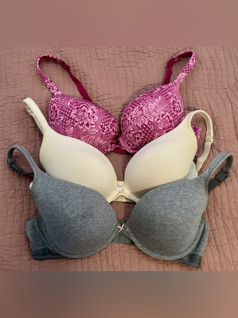 3-Pack Smooth Boost Plunge Bras - Pink Floral, Cream, Gray $20 for 3 bras